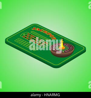 Jeu de Casino sur un fond vert. Table de jeu avec une roulette. Vector illustration pour votre conception. Poster, publicité, panneau. Isométriques. Jackpot Illustration de Vecteur