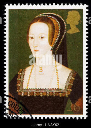 Royaume-uni - circa 1997 : timbre-poste imprimé en Grande-Bretagne commémorant le Roi Henry 8ème montrant Anne Boleyn l'une de ses nombreuses épouses Banque D'Images