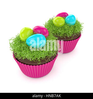 3D render of muffin de Pâques avec l'herbe et les oeufs isolated over white backgorund Banque D'Images