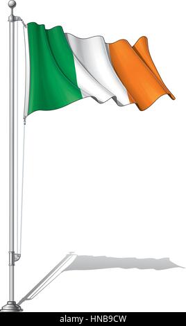 Vector Illustration d'une forme drapeau irlandais le fixer sur un mât. D'un drapeau et d'un poteau en couches séparées, l'art de la ligne, l'ombrage et la couleur parfaitement dans des groupes pour e Illustration de Vecteur