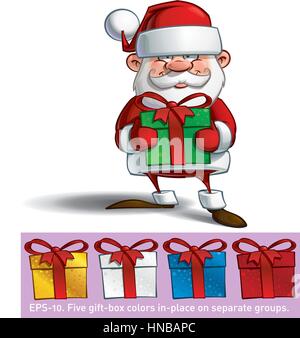 Cartoon vector illustration of a happy Santa Claus holding un grand cadeau. Toutes les couleurs de cadeaux sont en place au sein de groupes distincts. Illustration de Vecteur