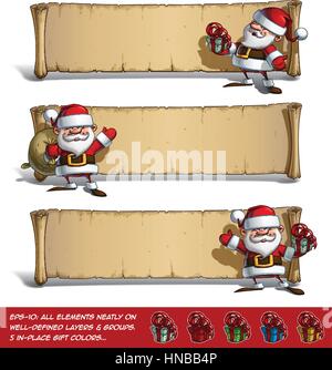 Ensemble de dessins vectoriels les illustrations d'un sourire, heureux père Noël avec les cadeaux de Noël en face d'un vide de faire défiler. Tous les éléments d'une manière ordonnée sur le bien Illustration de Vecteur