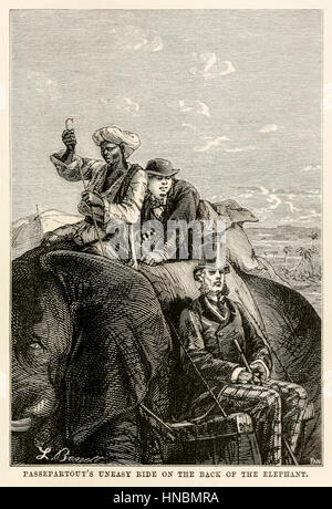 "Passepartout est à l'aise tour sur le dos de l'éléphant." à partir de 'autour du monde en quatre-vingts jours de Jules Verne (1828-1905) publié en 1873, illustration par Léon Benet (1839-1917) et d'Adolphe François Pannemaker (1822-1900). Banque D'Images