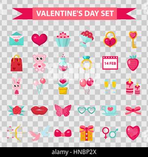 Valentines Day icons style plat, isolé sur fond transparent. Vector illustration. Illustration de Vecteur