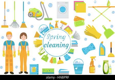 Nettoyage de printemps, les icônes de style plat. Bâti avec des outils d'entretien isolé sur fond blanc. Vector illustration. Illustration de Vecteur