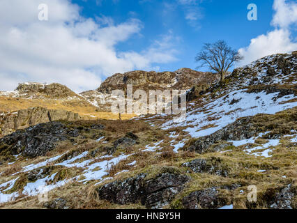 Rocky fells avec plaques de neige vu de la route entre isolé et dans l'Watendlath Borrowdale Lake District à la fin de mars Banque D'Images