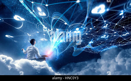 Young businessman sitting in lotus pose entre les lignes de connexion. Le rendu 3D Banque D'Images