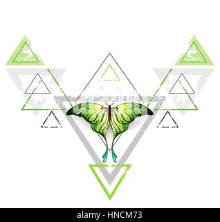 Motif géométrique, symétrique avec triangle gris et vert, décoré de papillons exotiques vert sur fond blanc. Style de tatouage. Verdure. Tren Illustration de Vecteur