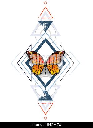 Motif symétrique de diamants bleus et gris, décoré avec des triangles orange, papillon monarque exotiques sur un fond blanc. Monarque. Conception avec b Illustration de Vecteur
