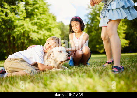 Boy câlins avec Golden Retriever dans le parc et le Banque D'Images