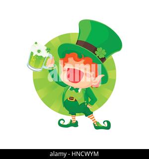 Vector Illustration de Saint Patrick's Day Happy Leprechaun avec grande tasse de la bière verte pour carte de Vœux. Illustration de Vecteur