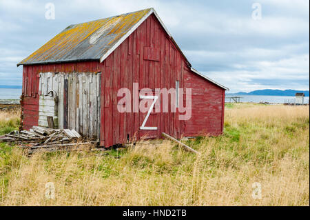 Ancienne grange en bois rouge avec big white Z sur la porte dans la campagne norvégienne. Banque D'Images