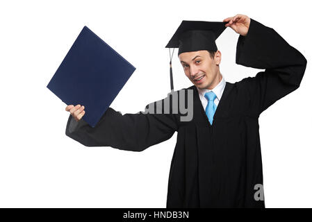 Happy student avec diplôme isolé sur fond blanc Banque D'Images