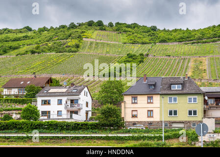 Lorch am Rhein, Allemagne - le 23 mai 2016 : les maisons et les vignes par temps nuageux à Lorch am Rhein, Hesse, Allemagne. Il appartient à la Gorge du Rhin Banque D'Images