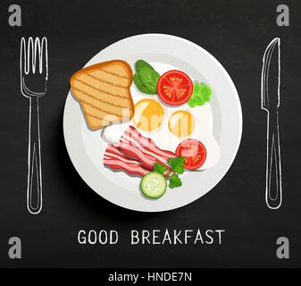 Bon petit déjeuner , lettrage fourchette et couteau sur fond noir texturé. Une assiette avec des oeufs, du bacon et des légumes. Vector design pour petit-déjeuner. Illustration de Vecteur