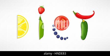 Le concept de l'alimentation, la nutrition, les modes de vie sains - une plaque avec le mot régime avec fruits, légumes, petits fruits. Pour vecteur conception menu de régime, café. Illustration de Vecteur