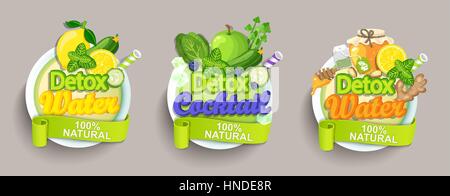 Cocktail Detox définir les étiquettes. Vector illustration pour menu de régime, café et restaurant. Des smoothies frais, Detox, cocktail de fruits pour la vie en bonne santé. Illustration de Vecteur