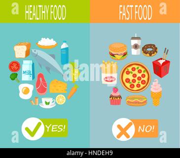 L'alimentation saine et de restauration rapide, infographie vectorielle. Illustration de Vecteur