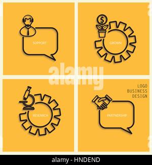 Support vecteur d'affaires, connu, de la recherche, partenariat dans la télévision style - signes et bannière. Élégant gris icônes linéaire avec ombre sur jaune foncé backgroun Illustration de Vecteur