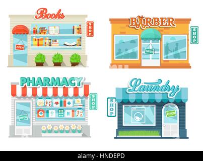 Magasins et boutiques icons set dans un style design plat. Blanchisserie, Boutique Livre, une pharmacie et un coiffeur. Vector illustration. Illustration de Vecteur