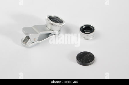 Ensemble macro fisheye pour mobiles fond blanc Banque D'Images