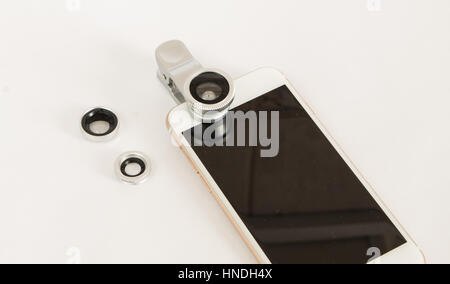 Ensemble macro fisheye pour mobiles fond blanc Banque D'Images