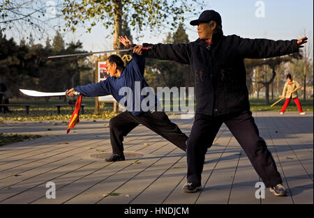 L'art martial, la pratique de l'épée, dans le parc du Temple du Ciel, Beijing, Chine Banque D'Images