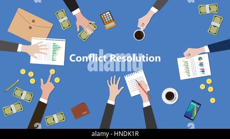 Illustration de la discussion sur la résolution de conflits dans un travail d'équipe avec paperworks en haut de tableau Illustration de Vecteur