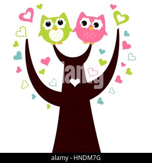 Deux belles couple owl : art illustration on white Banque D'Images