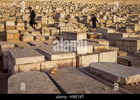 Les juifs orthodoxes, dans le cimetière juif, le Mont des Oliviers, Jérusalem, Israël. Banque D'Images