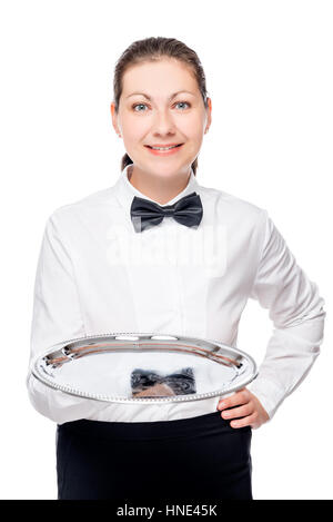 Femme waiter holding an empty silver tray on a white background Banque D'Images