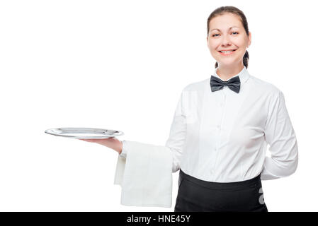 Femme portant un plateau dans un uniforme, et l'espace au-dessus du bac Banque D'Images