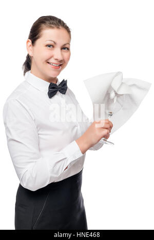 Jeune femme garçon essuie le verre avec un chiffon sec, un portrait en studio Banque D'Images