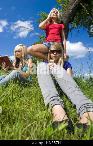 Communiqué de modèle, Drei jugendliche Maedchen mit Buch und Handies dans der Wiese - trois adolescentes avec les téléphones mobiles et d'adresses dans le pré Banque D'Images