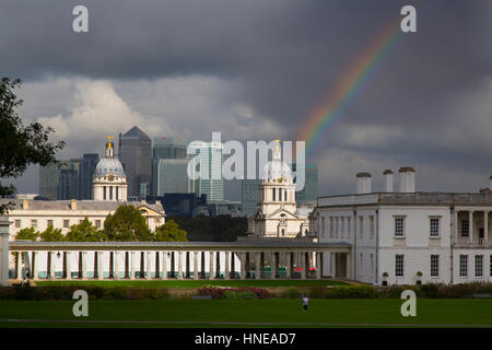 Secteur Wharfe et le centre de Londres, à partir de Greenwich Park Banque D'Images