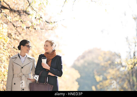 Les femmes d'affaires heureux de converser tout en marchant au parc sur sunny day Banque D'Images