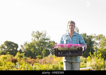 Portrait de caisse comptable jardinier avec les pots de fleurs au jardin Banque D'Images