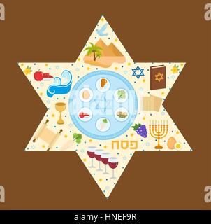 Happy Passover carte de souhaits avec tore, menorah, vin, matzoh, seder. Maison de vacances exode juif d'Egypte. Modèle de Pessa'h pour votre conception. Vector illustration. Illustration de Vecteur