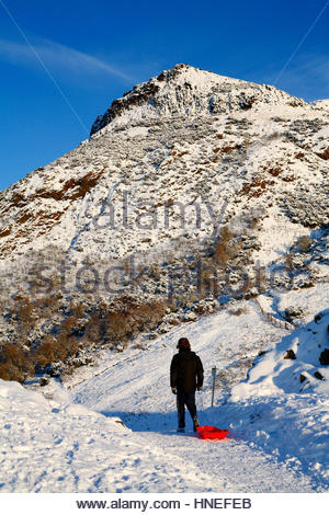 Sledger chefs sur Arthurs Siège recouvert de neige en hiver, Édimbourg Banque D'Images