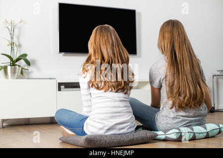 Vue arrière de la fratrie de regarder la télévision à la maison Banque D'Images