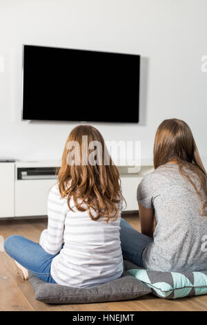 Vue arrière des soeurs de regarder la télévision à la maison Banque D'Images