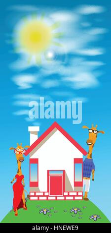 Les Girafes couple illustration. une maison sur la colline. prêt hypothécaire. valentines day photo de bébé. Cartoon. utilisé pour l'impression, site web, design, décoration, tissu s Illustration de Vecteur