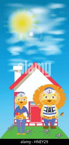 Lion et lionne marins à la maison. Les enfants s'illustration. est utilisé pour l'impression, site web, smartphone, design, textiles, céramiques, tissus, estampes postcard Illustration de Vecteur