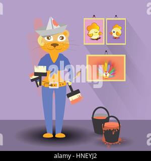 Lionne peintre peint les murs. Les enfants s'illustration. est utilisé pour l'impression, site web, smartphone, design, textiles, céramiques, tissus imprime des cartes postales Illustration de Vecteur