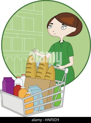 Cartoon femme avec un panier dans un supermarché Illustration de Vecteur