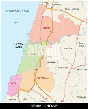 Les routes, administratives et politiques de carte vectorielle la ville israélienne de Tel Aviv-Jaffa Illustration de Vecteur