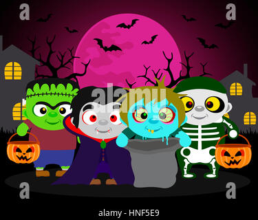 Fond Halloween trick ou traiter avec des enfants en costume Halloween Banque D'Images