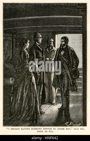 ""Je regrette d'avoir rien de mieux à vous offrir," a déclaré M. Fogg à corriger." à partir de 'autour du monde en quatre-vingts jours de Jules Verne (1828-1905) publié en 1873 avec une illustration de Léon Benet (1839-1917) et la gravure par Henri-Théophile Hildebrand (1824-1897). Banque D'Images