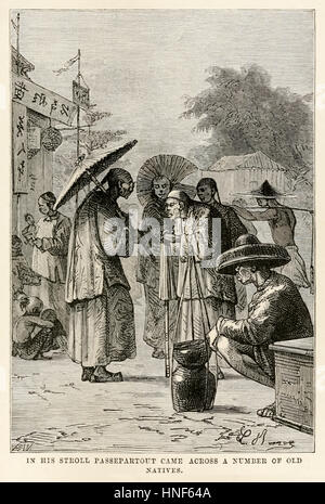 "Dans sa promenade Passpartout tombé sur un certain nombre d'anciens autochtones." à partir de 'autour du monde en quatre-vingts jours de Jules Verne (1828-1905) publié en 1873 avec des illustrations de Alphonse-Marie-Adolphe de Neuville (1835-1885) et Léon Benet (1839-1917) et les gravures de Louis Dumont (né en 1822) et Adolphe François Pannemaker (1822-1900). Banque D'Images