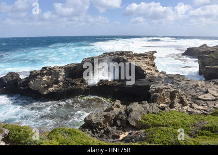 Vagues à travers le calcaire naturel rock formations at Cape Vlamingh sur le rivage de l'île Rottnest en Australie de l'Ouest Banque D'Images
